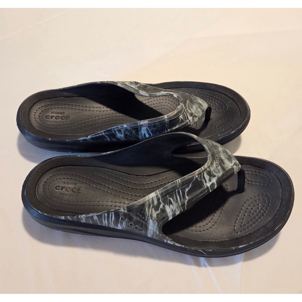 Crocs Elements Aqua Flip Flops Mens 10 Black Grey Marble Smoke Thong Sandals